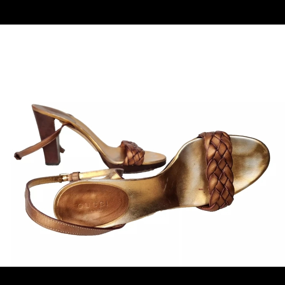 Gucci Sandals Heels Shoes Bronze Gold Brown Woven Leather Strappy High 8.5 B